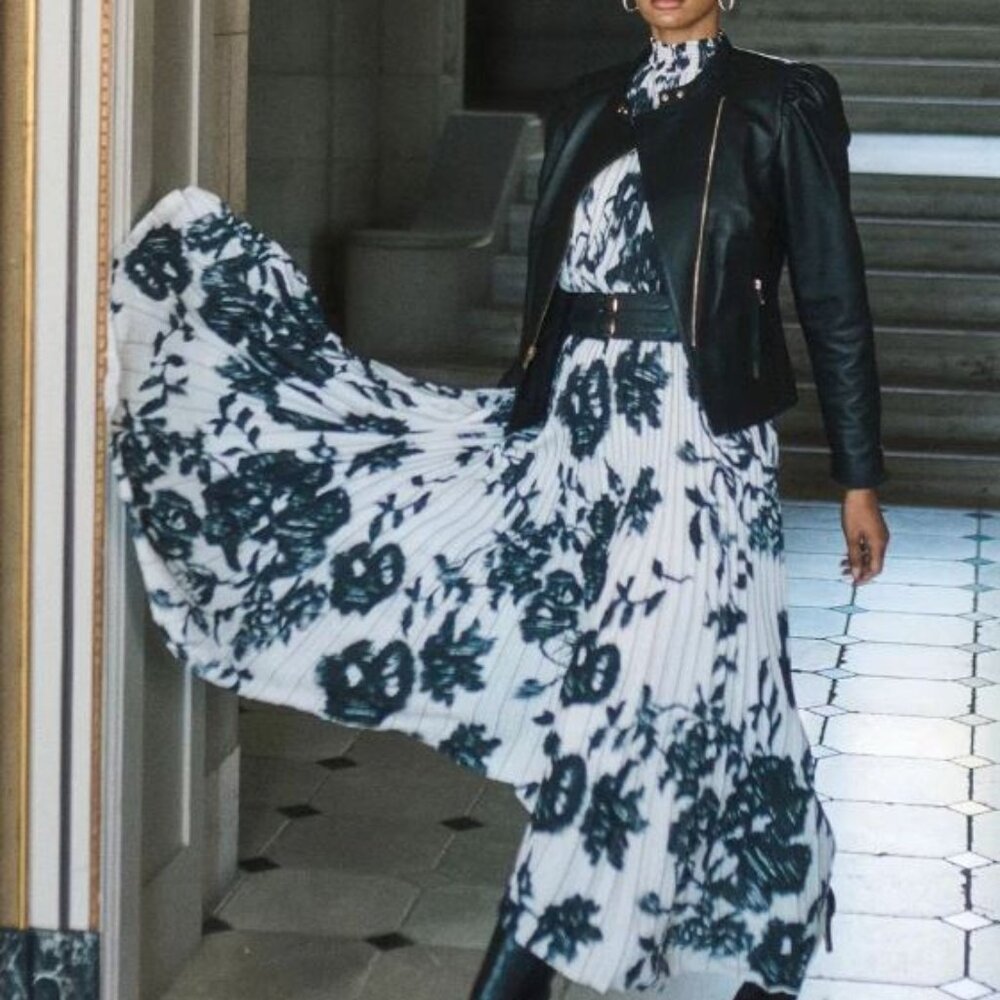 White House Black Market Black and White Floral Pleated Maxi Dress